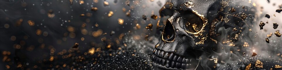 black skull with pieces of gold on a black background with fog. - obrazy, fototapety, plakaty
