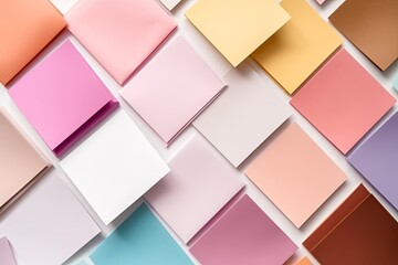 Abstract paper craft background in a square shape with pastel color palette. Wallpaper from pastel multicolor sticky notepads isolated on simple background. Generative AI.