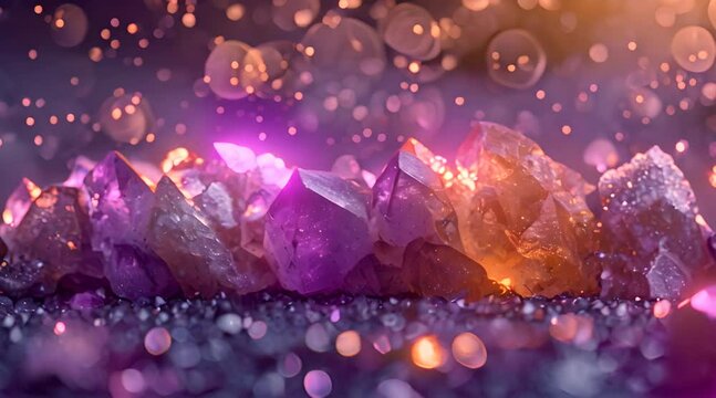 Purple gemstones spiritual. colorful minerals, gemstones for esoteric spiritual practice, Healing Crystal Ritual, Witchcraft, Relax Chakra. Feng Shui, reiki therapy concept background sparkling lights