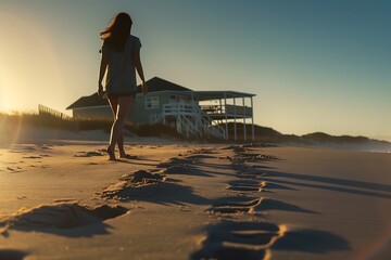 Serene Beach Walk at Sunset - obrazy, fototapety, plakaty