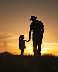 Fototapeta na wymiar Father and child silhouette, Fathers Day, sunset backlit, heartwarming , clean sharp focus