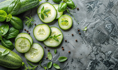 cucumber slices seen from above on a dark black marble table top wallpaper with copy space, vegan diet banner	
 - obrazy, fototapety, plakaty