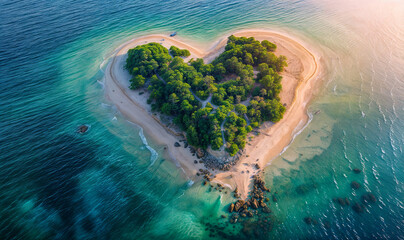 Pink sand beach around a heart shaped island in the middle of the ocean aerial view, exotic seashore seen from above, drone view tropical paradise  landscape
