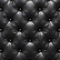 A close-up of a black leather tufted pattern with symmetrically placed buttons creating a luxurious texture.
