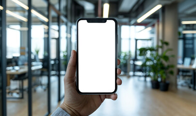 mockup hand holding a smartphone with transparent background with an office blurred in the background	