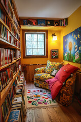 A small room with a yellow wall and a window