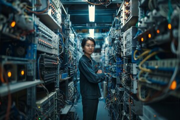 A young female technician stands assertively among high-tech server racks, symbolizing empowerment in technology.