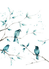 Watercolor print of a bird in the forest, cute birds on the branches.