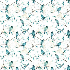 Seamless watercolor pattern with blue birds and branches.