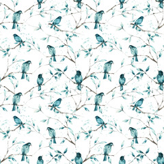Vintage wallpaper. Watercolor of birds and branches in turquoise tones.