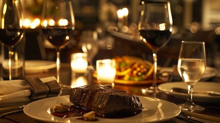 An intimate dining space with flickering candles casting a warm glow over a delectable beef entree - obrazy, fototapety, plakaty
