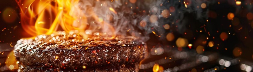 Closeup of a juicy beef burger patty sizzling on the grill with flames licking the edges - obrazy, fototapety, plakaty