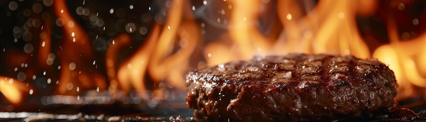 Closeup of a juicy beef burger patty sizzling on the grill with flames licking the edges - obrazy, fototapety, plakaty
