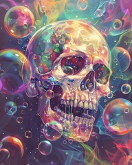 Colorful bubbles floating around a grinning skull illustration - obrazy, fototapety, plakaty