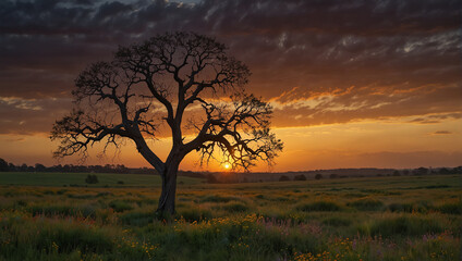 A large tree in a field at sunset

