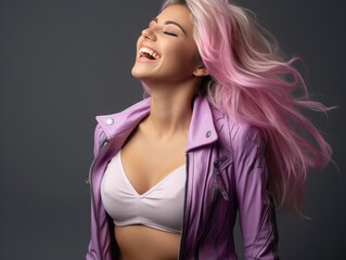 Smiling Woman With Pink color Hair in color clothing