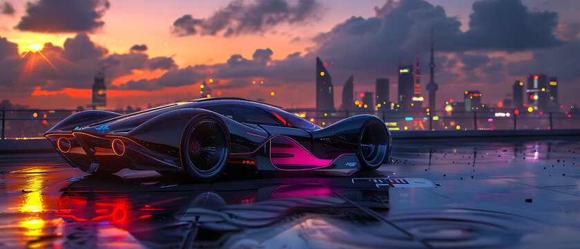 This captivating image portrays a futuristic scene: a sleek, modern car with a vibrant paint job is parked on a rooftop at sunset.