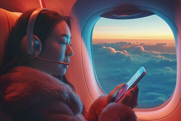 A serene woman with headphones uses a smartphone by the airplane window as the sky glows with sunset colors.