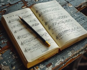 Handwritten Manuscript of Musical Composition with Lyrics and Chords on Aged Notebook Pages