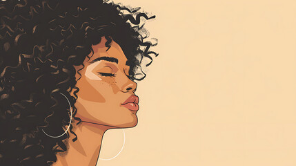 Afro hair African woman illustration for fashion banner with copy space on beige background.  generative ai