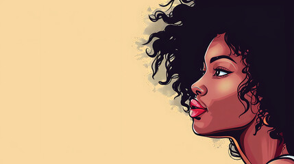 Afro hair African woman illustration for fashion banner with copy space on beige background.  generative ai