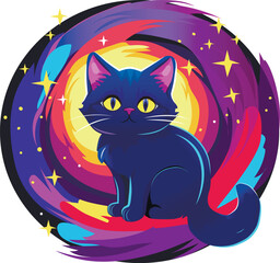 Cartoon of a cute black cat against a starry sky backdrop.