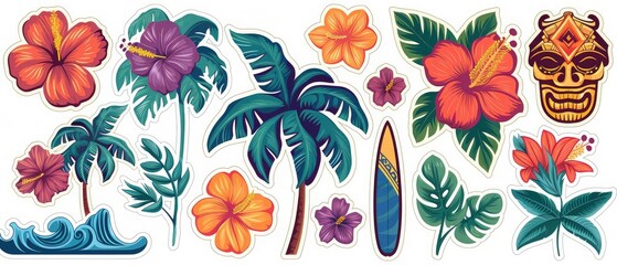 Set of various stickers in Hawaiian style - palm trees, leaves, hibiscus flowers, traditional tikki mask - obrazy, fototapety, plakaty
