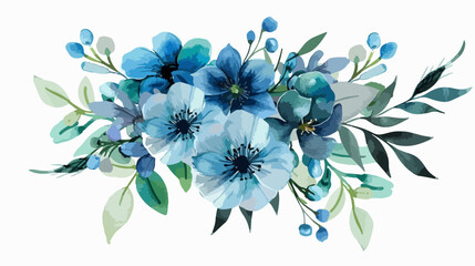 vector watercolor blue green floral bouquet collection