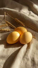 Yellow Easter eggs on a beige linen