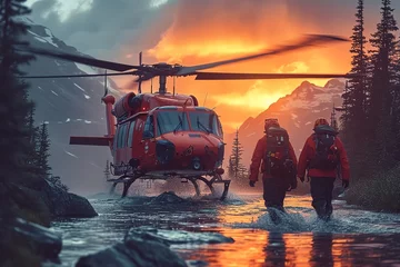 Foto auf Acrylglas A rescue helicopter airlifting an injured hiker from a remote wilderness area © create