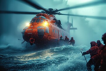 A rescue helicopter hovering above a sinking boat to rescue stranded sailors