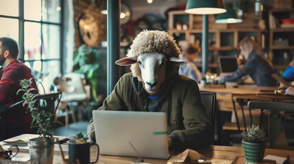 A man with a sheep's head is working in front of a laptop, in a busy workspace. - obrazy, fototapety, plakaty