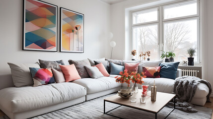 White rugs and colorful pillows in the living room in Scandinavian style.