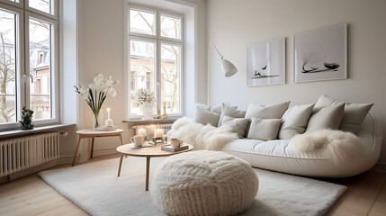 White rugs and colorful pillows in the living room in Scandinavian style