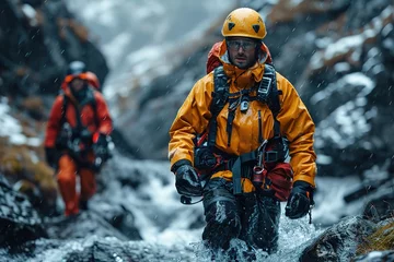 Fotobehang A search and rescue team member carrying an injured climber down a treacherous mountainside © create