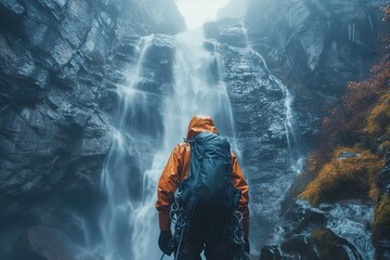 A search and rescue team member rappelling down a towering waterfall to rescue an injured hiker, surrounded by mist - obrazy, fototapety, plakaty