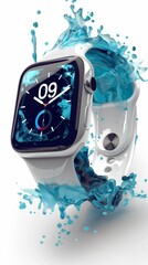A smartwatch floating in the air, with blue waves and water ripples behind it. The watch screen displays the time "09" created by ai 