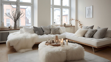 Fototapeta na wymiar White rugs and colorful pillows in the living room in Scandinavian style