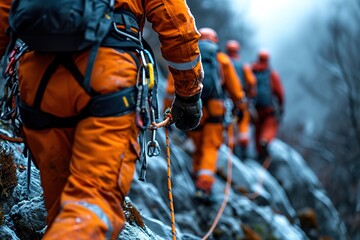 A search and rescue team rappelling down a cliff to reach an injured climber - obrazy, fototapety, plakaty