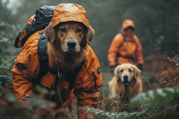 A search and rescue team using a canine unit to track a missing person in dense forest undergrowth