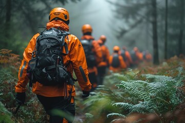 A search and rescue team using a canine unit to track a missing person in dense forest undergrowth