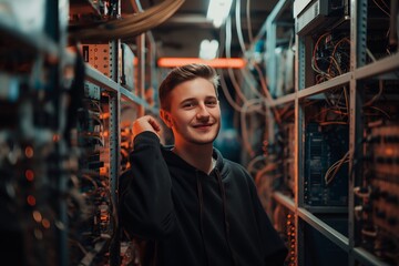 Confident young male technician with a smile standing amidst server racks in a data center.