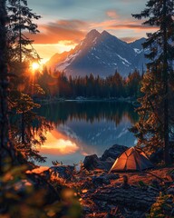 tourist tent  in mountains at sunset - obrazy, fototapety, plakaty