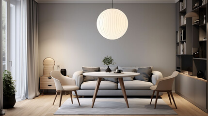 Soft lighting fixture and a round table in the living room in Scandinavian style.