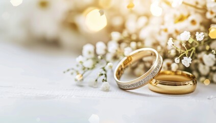 Obraz na płótnie Canvas Wedding Bands with Baby's Breath Flowers Embodying Pure Romance, Copy Space