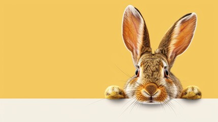 Fototapeta na wymiar Curious Rabbit Peeking Over Edge with Big Ears and Yellow Background, Copy Space