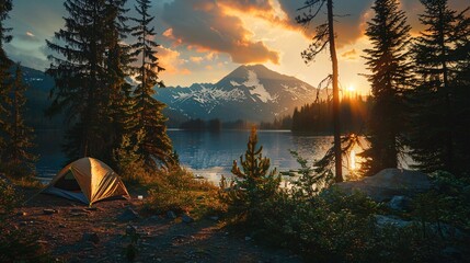 tourist tent camping in mountains at sunset - obrazy, fototapety, plakaty