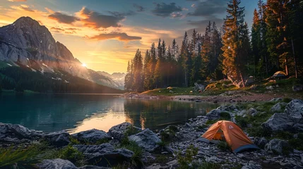 Fotobehang tourist tent camping in mountains at sunset © Spyrydon