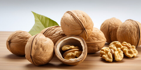 walnuts split open with leaves on the side isolated on a white summer backround сreated with Generative Ai