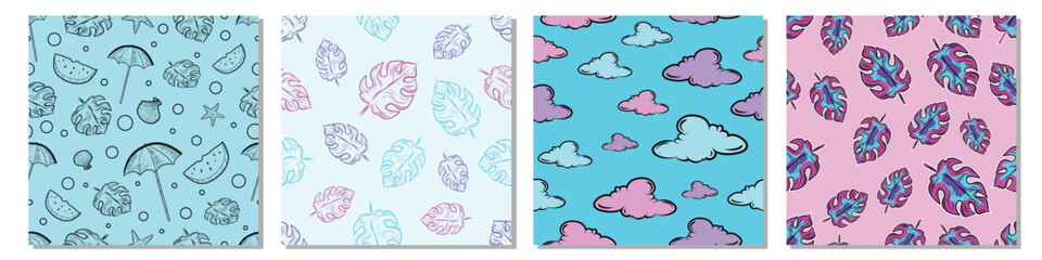 Fototapeta premium Big set of doodle style summer concept seamless patterns collection Retro hand drawn style palm leaves, clouds and beach textures all in neon colors printable textile background Endless patterns set